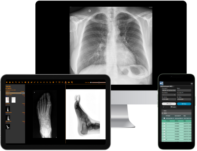 Tablet, Computador e Celular exibindo o AllPACS