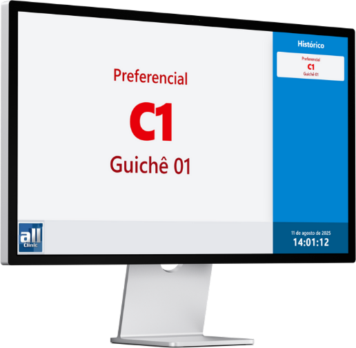 Computador exibindo o painel de senhas do AllQueue